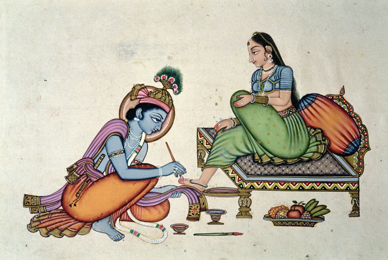 Radha i Kryszna (gwasz i akwarela na papierze) autorstwa School Indian