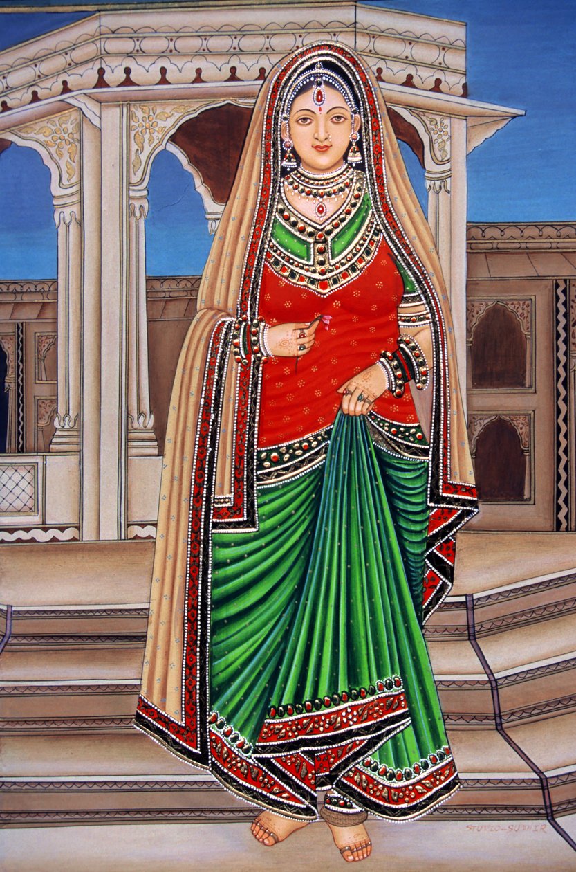 Rajasthani Lady at Tryst Miniaturowy obraz na papierze autorstwa School Indian