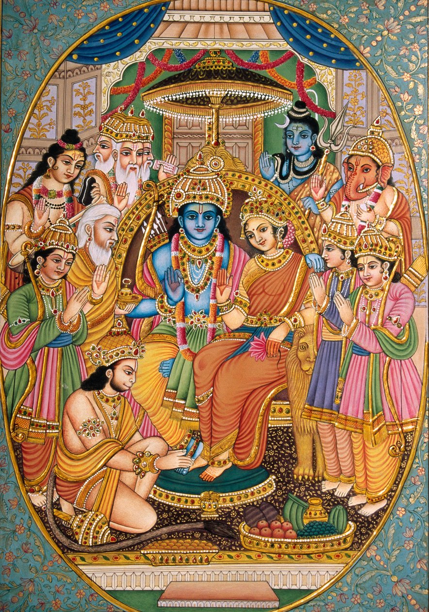 Ram-Darbar z innymi bogami Miniatura malowana na papierze autorstwa School Indian