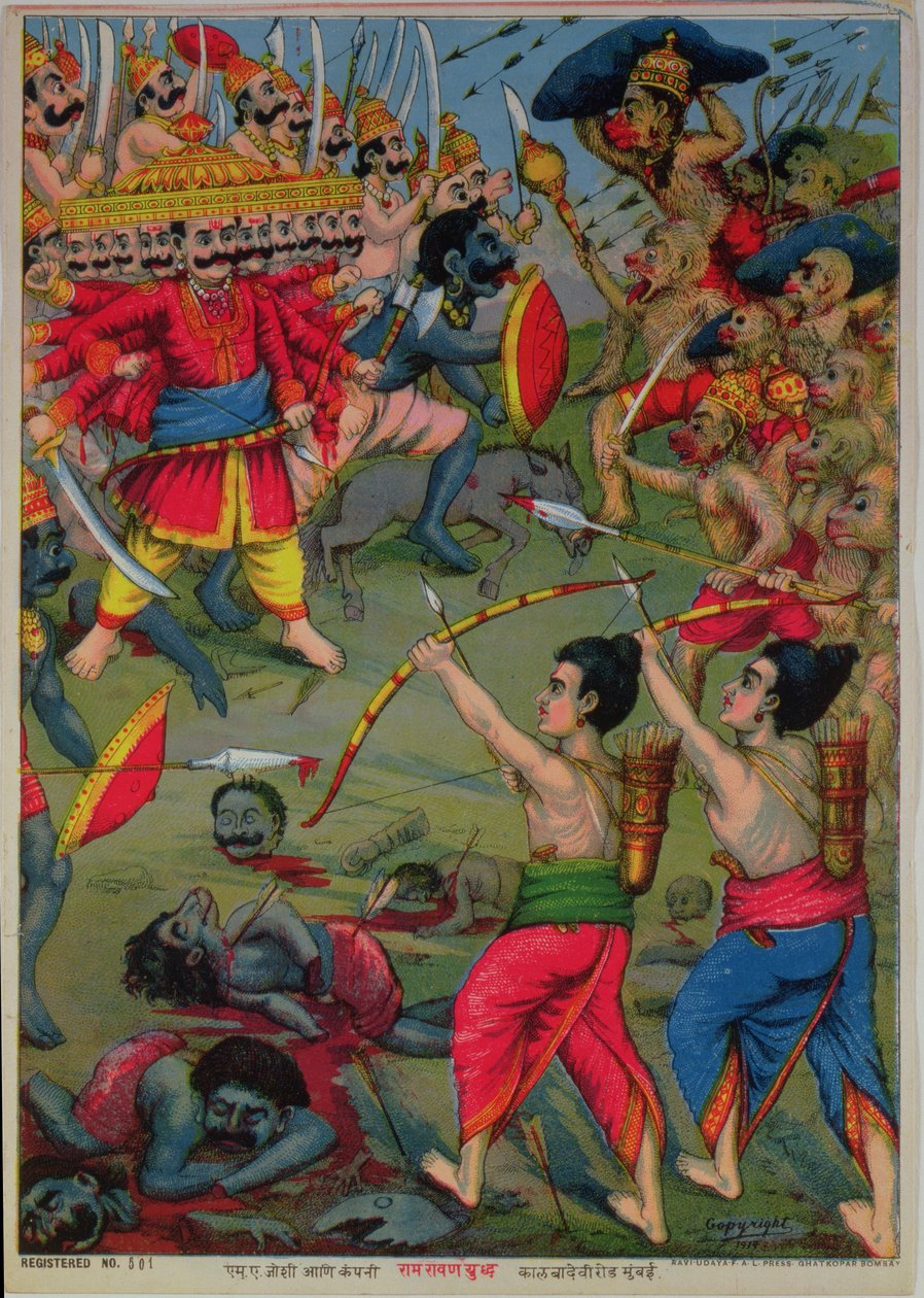 Rama i Lakszmana w walce z Rawaną, epos Ramajana, ok. 1914 r. (chromolitografia) autorstwa School Indian