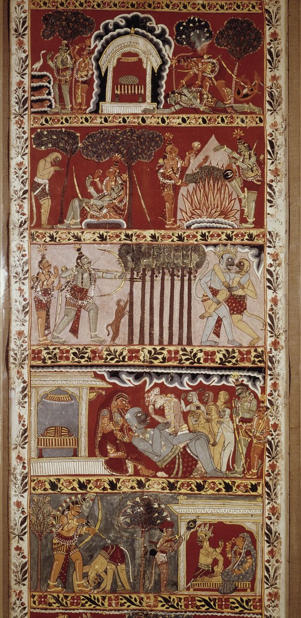 Sceny Ramajany, poemat epicki skomponowany w VI wieku przez Valmiki i opowiadający legendę o Ramie. Zachodni Bengal. Biblioteka Wiktora i Alberta. Londyn autorstwa School Indian