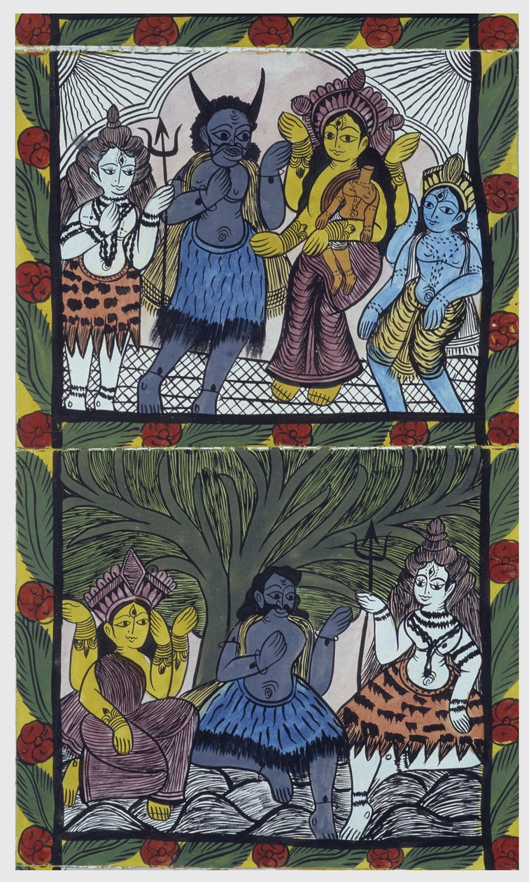 Shiva daje życie Ganesha (Ganesh lub Ganapati), w ramionach swojej matki Parvati, po przecięciu jej głowy w ramię gniewu. Pat: malowana rolka z regionu Bengalu, służąca jako medium narracyjne dla muzyków Baoul (lub Baul). Leonard de Selva specia autorstwa School Indian