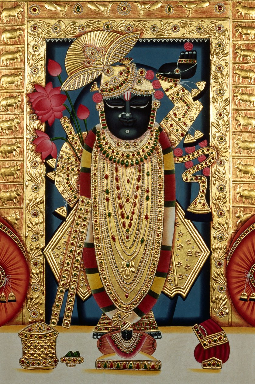 Shri Lord Shree Nathji Or Shreenathji at Nathdwara Miniaturowy obraz na papierze ze złotym tłoczeniem autorstwa School Indian
