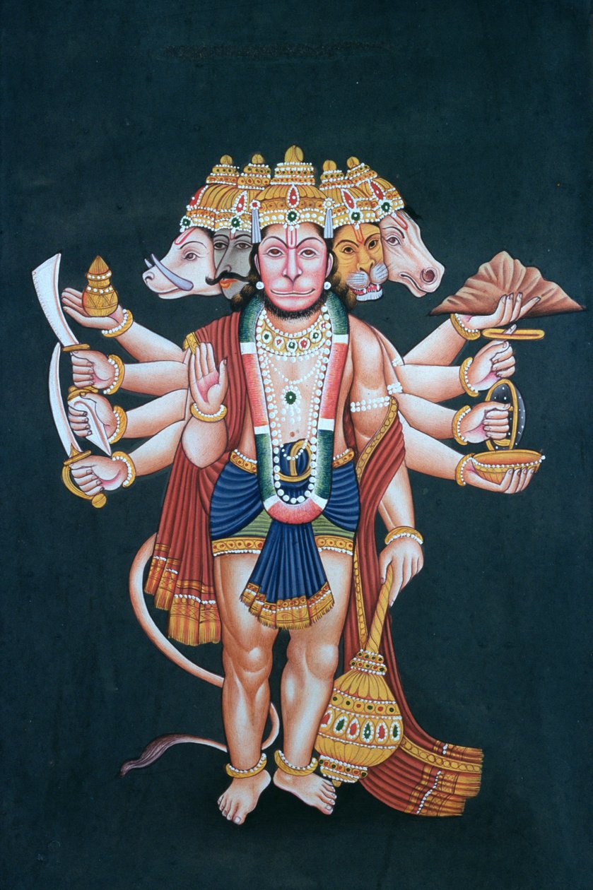 Shri Panchmukhi Hanuman (gwasz i akwarela na papierze) autorstwa School Indian