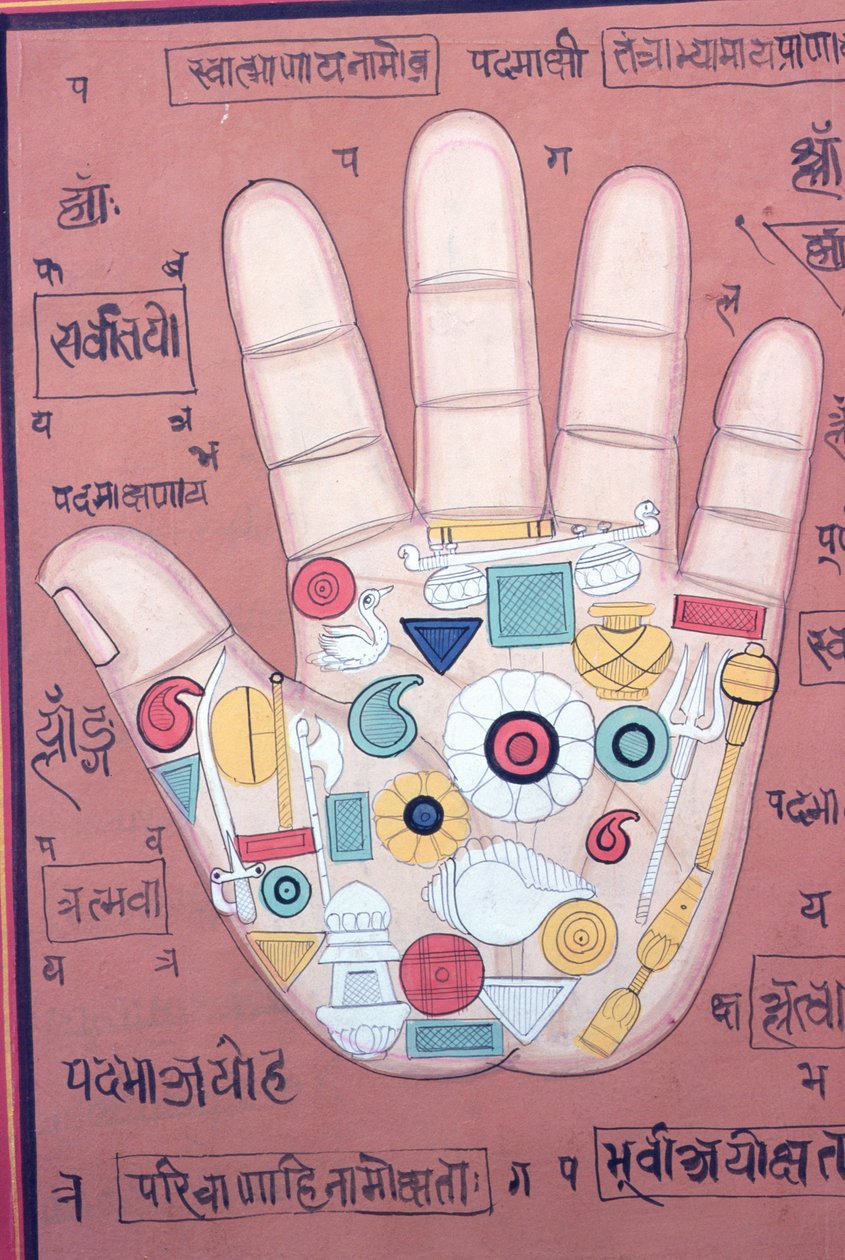 Tantryczny diagram prawej dłoni (gwasz i akwarela na papierze) autorstwa School Indian