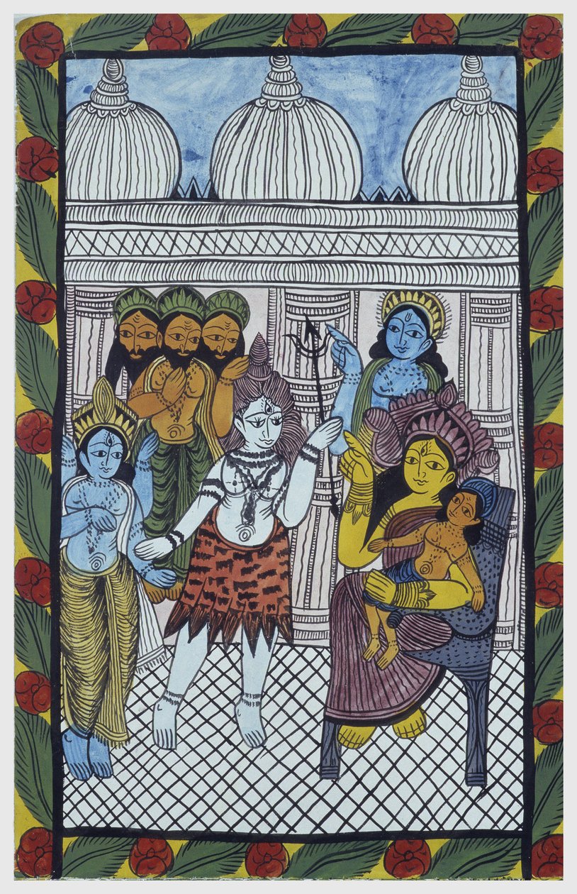 Bogowie przychodzą podziwiać Krisznę, ucieleśniającą się w ciele pięknego dziecka, Ganesha (Ganesh lub Ganapati) siedzącego na kolanach swojej matki Parvati. Pat: malowana rolka z regionu Bengalu, służąca jako medium narracyjne dla śpiewaków Baoul (Baul).  autorstwa School Indian