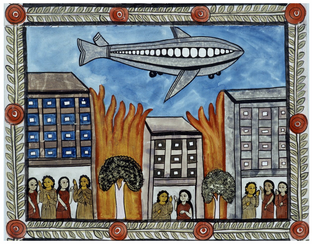 Historia ataków z 11 września 2001 roku opowiedziana przez handlarzy Baul z Bengalu. Obraz, seria, numer 6/9, Bengal. autorstwa School Indian