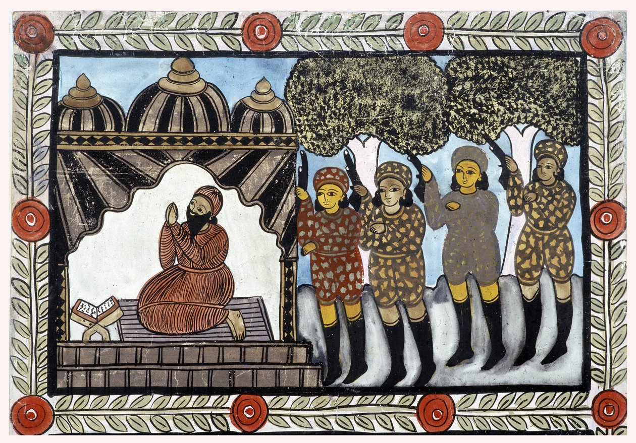 Historia ataków z 11 września 2001 roku opowiedziana przez handlarzy Baul z Bengalu. Obraz, seria, numer 1/9, Bengal. autorstwa School Indian