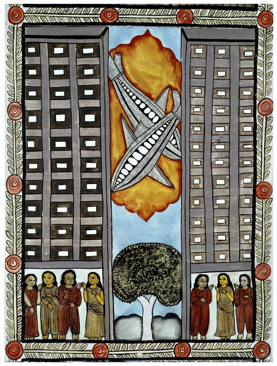 Historia zamachów z 11 września 2001 roku opowiedziana przez handlarzy Baul z Bengalu, ilustracja samolotów biorących udział w World Trade Center w Nowym Jorku. Obraz, seria, numer 3/9, Bengal. autorstwa School Indian