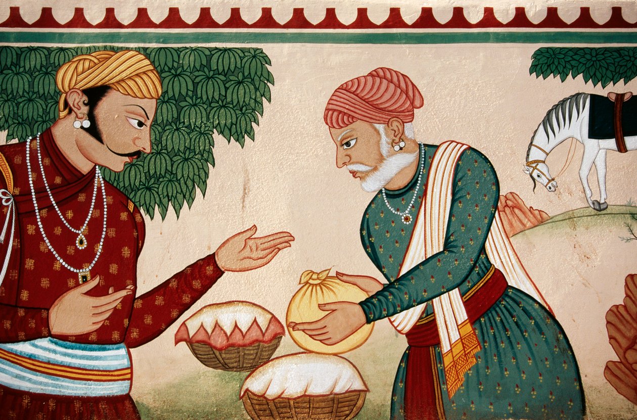 Malowidło ścienne przedstawiające targowanie się, Jaipur, Radżastan, Indie autorstwa School Indian