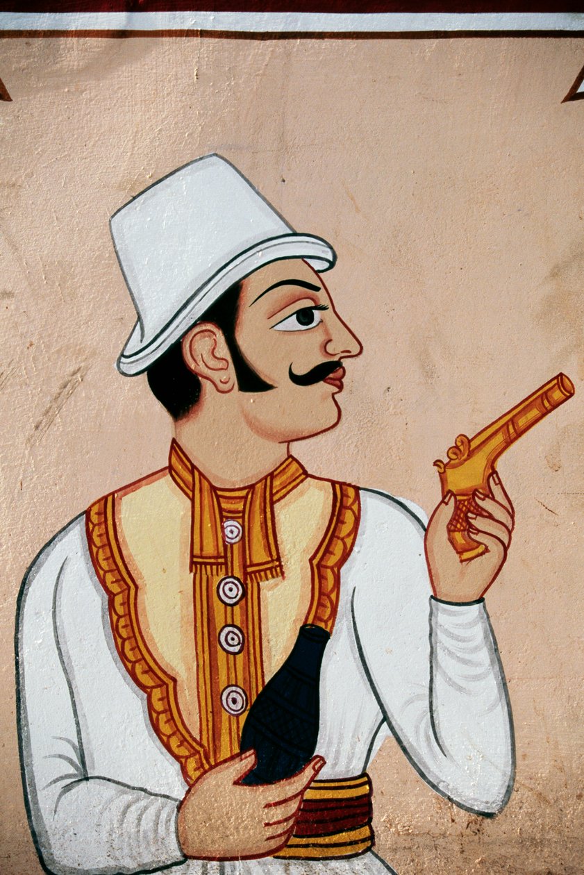 Malowidło ścienne przedstawiające brytyjskiego żołnierza trzymającego pistolet, Jaipur, Radżastan, Indie autorstwa School Indian