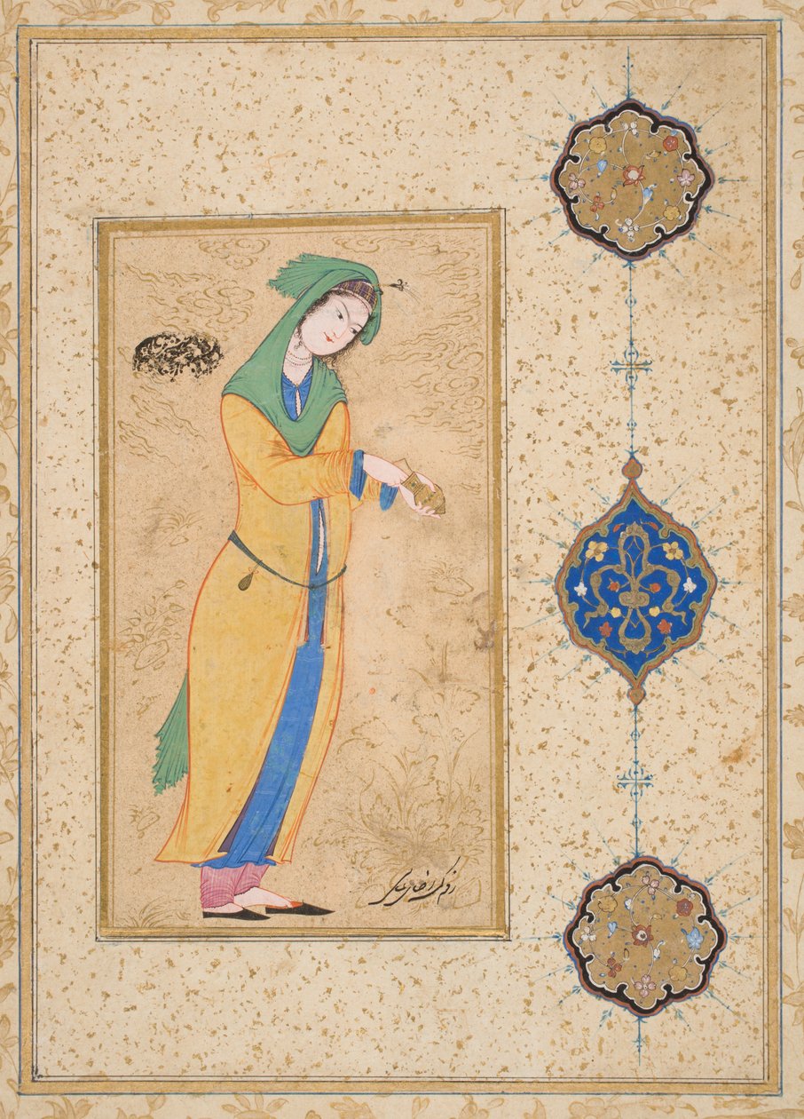 Houri stojąca w ogrodzie (nieprzezroczysta akwarela na papierze) autorstwa School Iranian