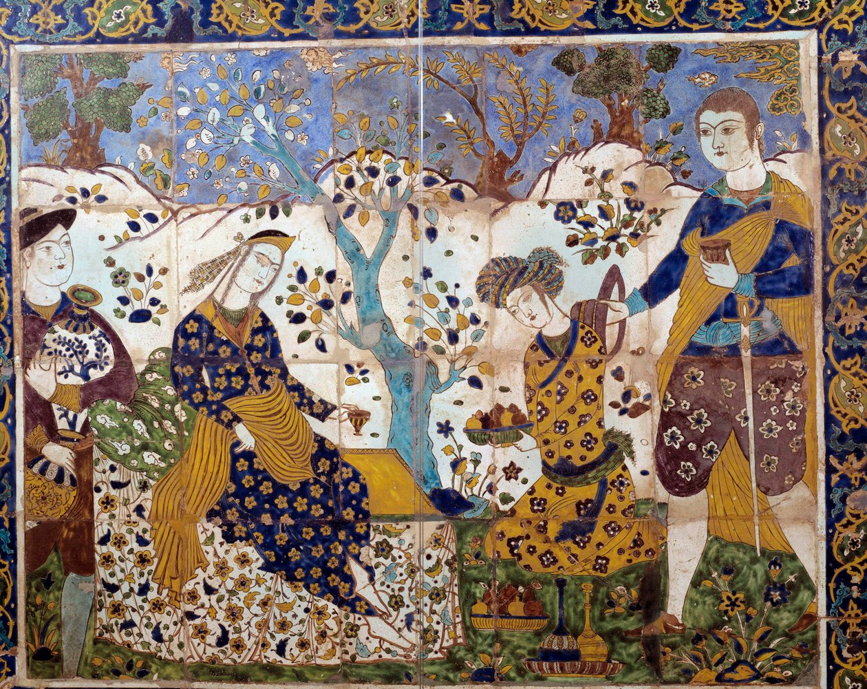 Sztuka irańska: fragment azulejo przedstawiający portugalskiego misjonarza wśród Persów. Kolekcja amerykańska z XVII wieku autorstwa School Iranian