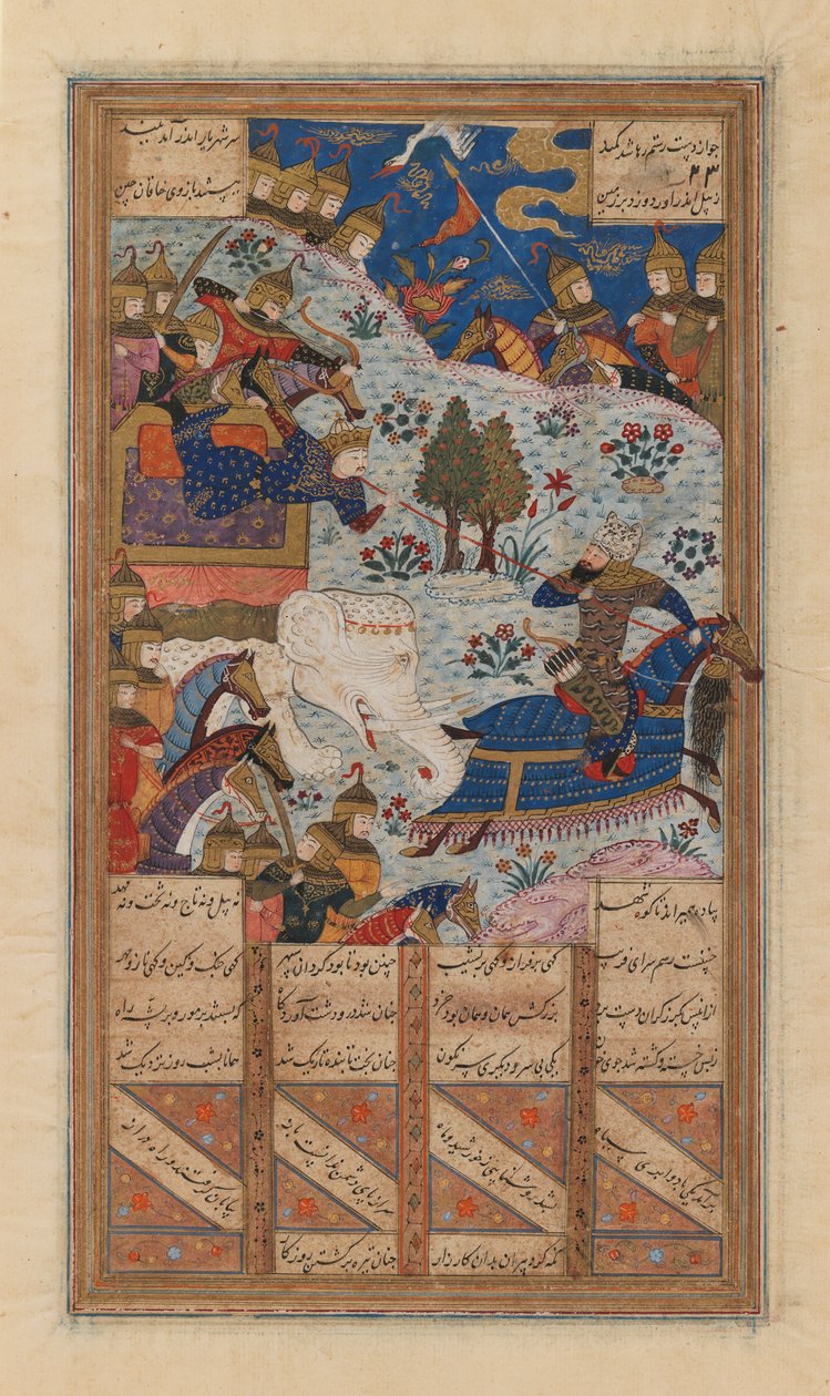 Rustam Lassoes the Khagan of China, Folio z rękopisu Szacha-Namy z Firdausi, koniec XV-początek XVI wieku (atrament, nieprzezroczysta akwarela i złoto na papierze) autorstwa School Iranian