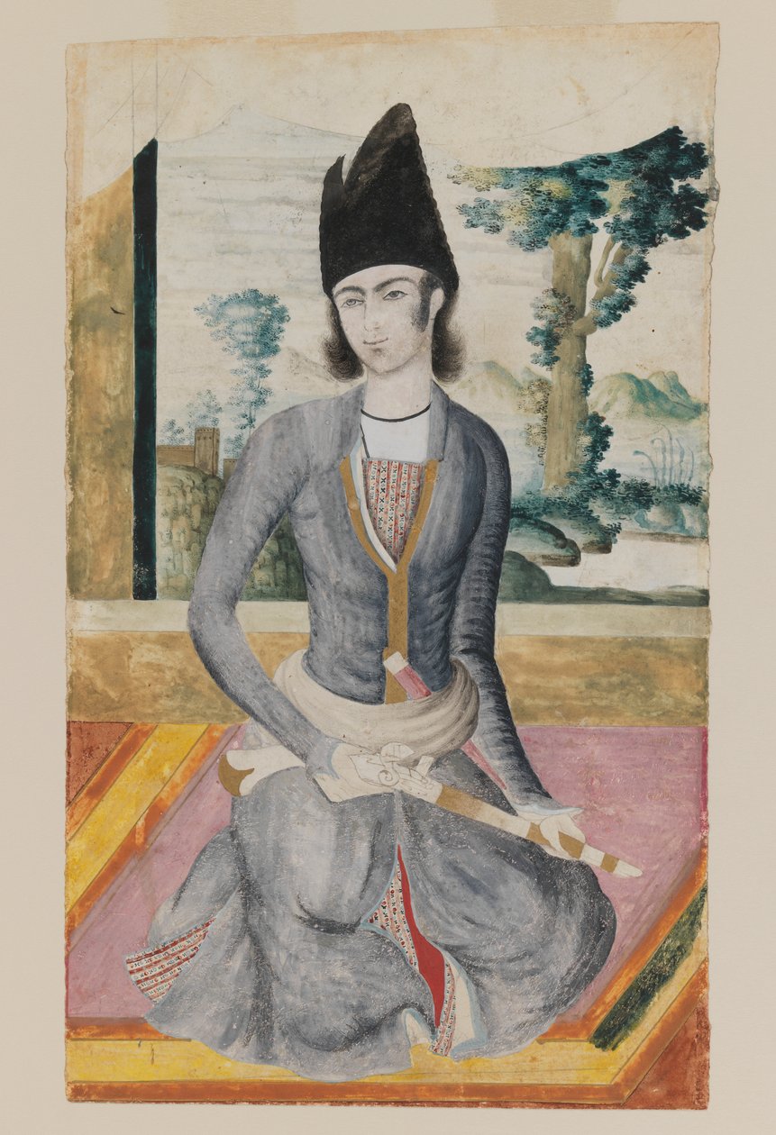 Siedzący książę Qajar (ołówek i nieprzezroczysta akwarela na papierze) autorstwa School Iranian