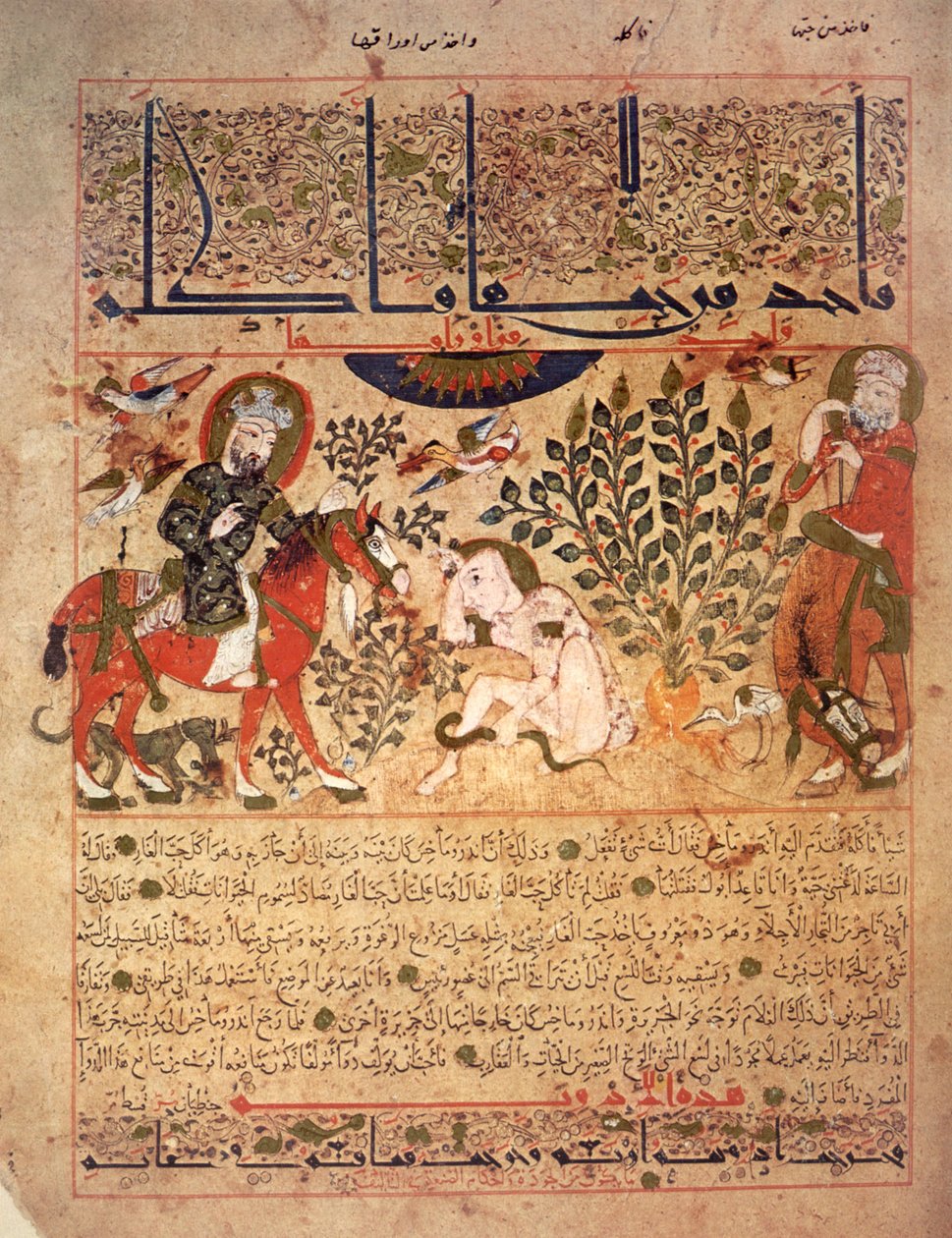 Mężczyzna zostaje nakłuty przez węża, ilustracja z księgi antidotów „Kitab al-Diryaq”, Pseudo-Gallen (welum) autorstwa School Iraqi