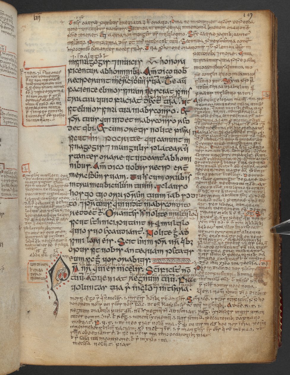 Harley 1802, f.19r, Zdobiony inicjał „P”(ater) z głową zwierzęcia na początku Pater Noster lub Modlitwy Pańskiej, z Ewangelii Maelbrigte („Ewangelie Armagh”; „Ewangelie Marelbrid”), z glosami autorstwa School Irish