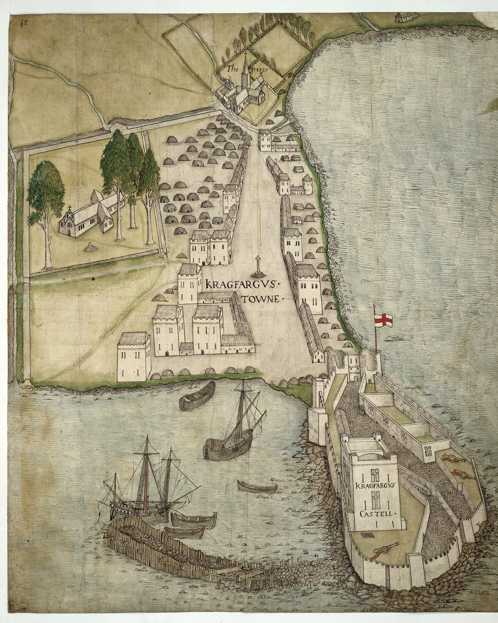 Zamek i miasto Carrickfergus, Irlandia, ok. 1560 (pióro i atrament oraz akwarela na papierze) autorstwa School Irish