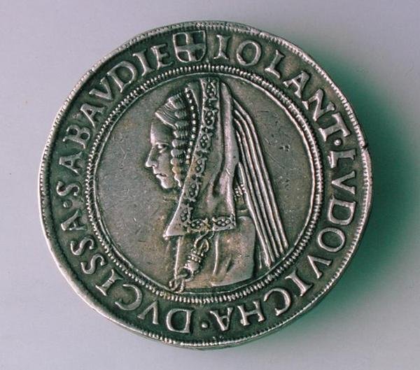 Moneta 4-Teston (rewers) Filiberta II Sabaudzkiego (1497-1504) przedstawiająca jego żonę Jolantę Ludovicę autorstwa School Italian