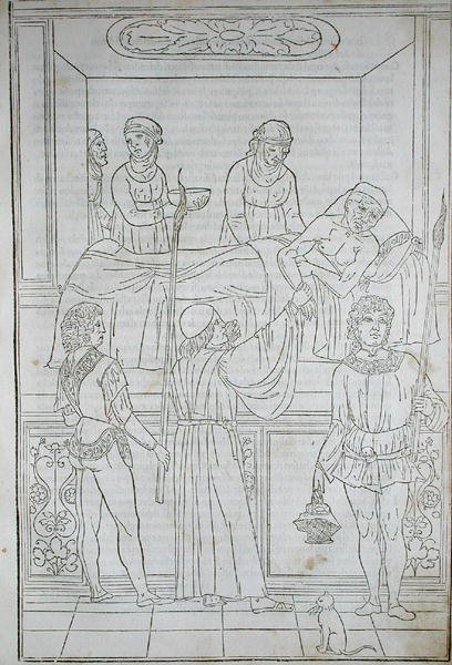 Lekarz odwiedzający pacjenta, z „Fascilulus Medicinae” Johannesa de Ketham (zm. 1490) XV-XVI w. (drzewryt) autorstwa School Italian