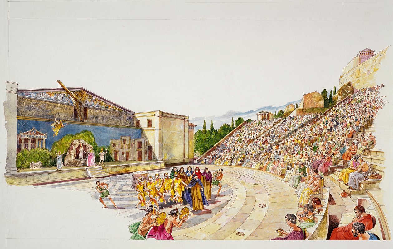 Starożytne Ateny - rekonstrukcja teatru (litografia kolorowa) autorstwa School Italian