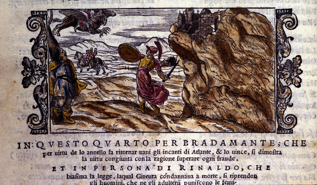 Bradamante rozdziera Brunelowi swój czarujący pierścień, dzięki któremu niweczy moc Atlanty i dostarcza Rogera (Ruggero, Ruggiero), scenę rycerskiego poematu Ludovico Ariosto (1474 - 1533) „Orlando Furioso” (Wściekły Rolanda) dt L „Arioste, Pieśń I” autorstwa School Italian