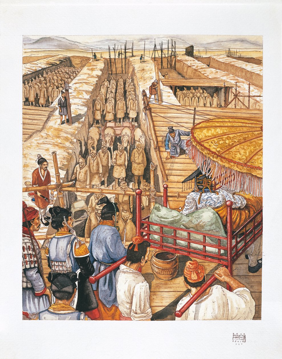 Budynek mauzoleum cesarza Qin Shi Huang-Ti, III wiek p.n.e. (kolor lito) autorstwa School Italian