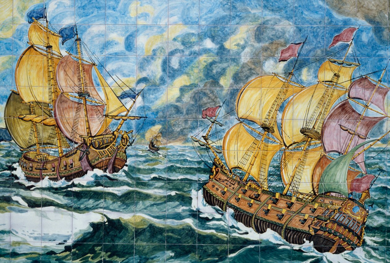 Panel ceramiczny przedstawiający dwa żaglowce, produkcja Vietri sul Mare, Kampania, Włochy, Detail autorstwa School Italian