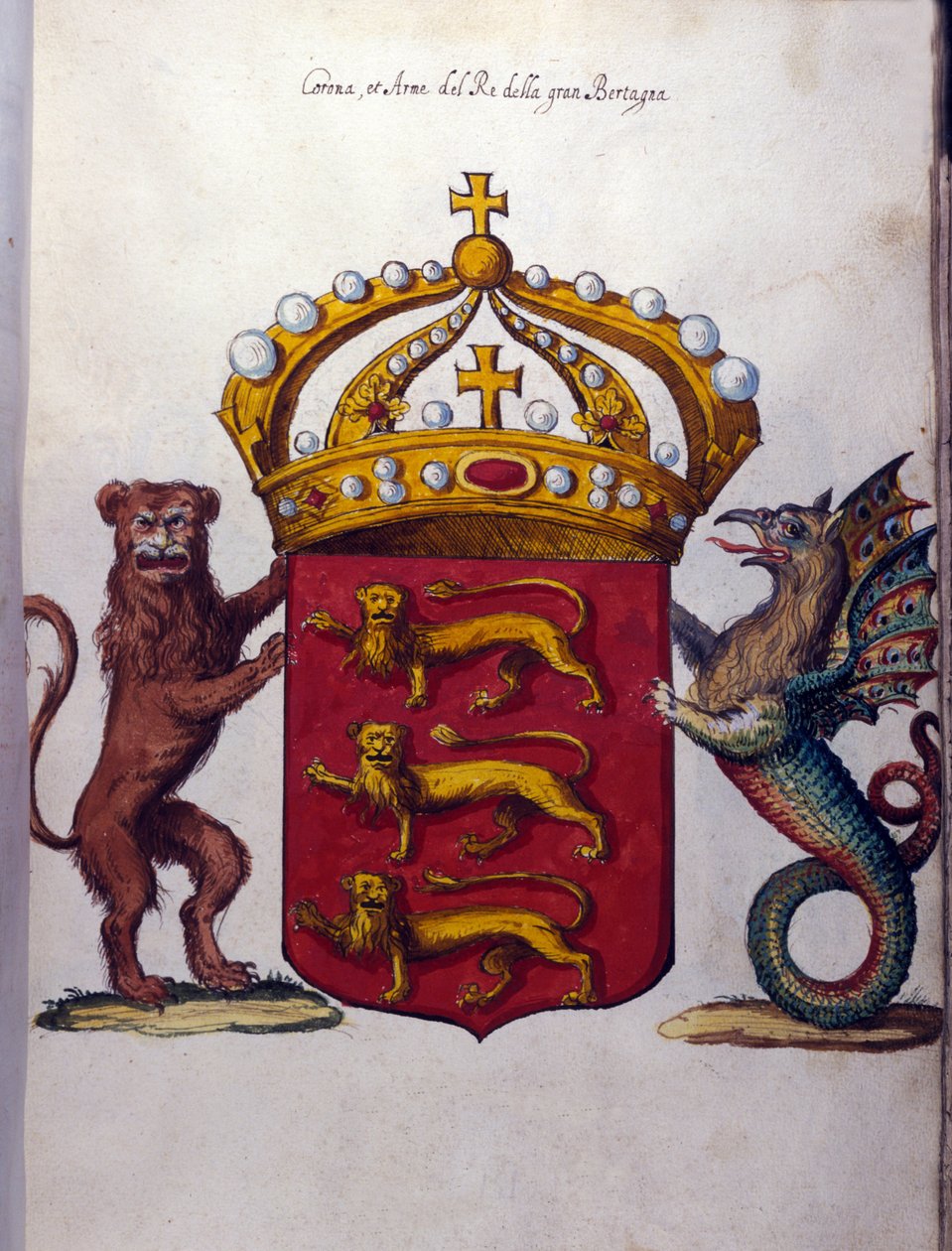 Herb brytyjskiej rodziny królewskiej zdobi koronę, lwa „””””” i fantastyczne stworzenie. Archiwum Państwowe, Mediolan autorstwa School Italian