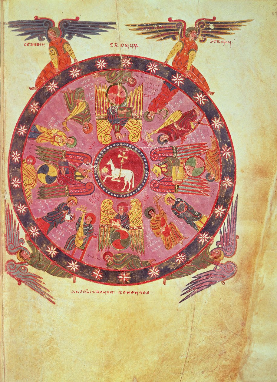Ms. M. 644 f.87 Objawienie 4:4 Adoracja Baranka przez dwudziestu czterech Starców, kopia z "Komentarza do Apokalipsy" autorstwa Beatusa z Liebany i Valcavado, 776 (welin) autorstwa School Italian
