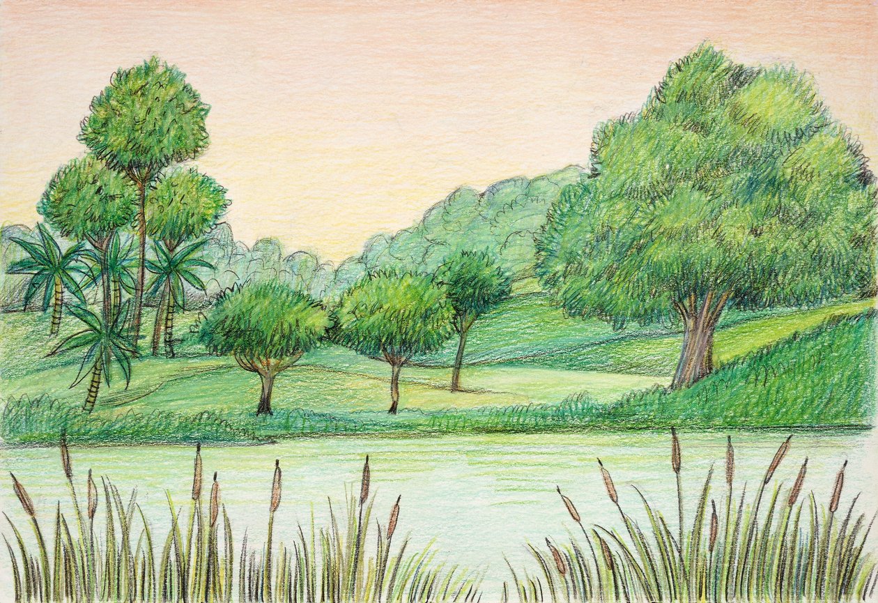 Prehistoria - Trzeciorzęd - rekonstrukcja środowiska naturalnego (litografia kolorowa) autorstwa School Italian