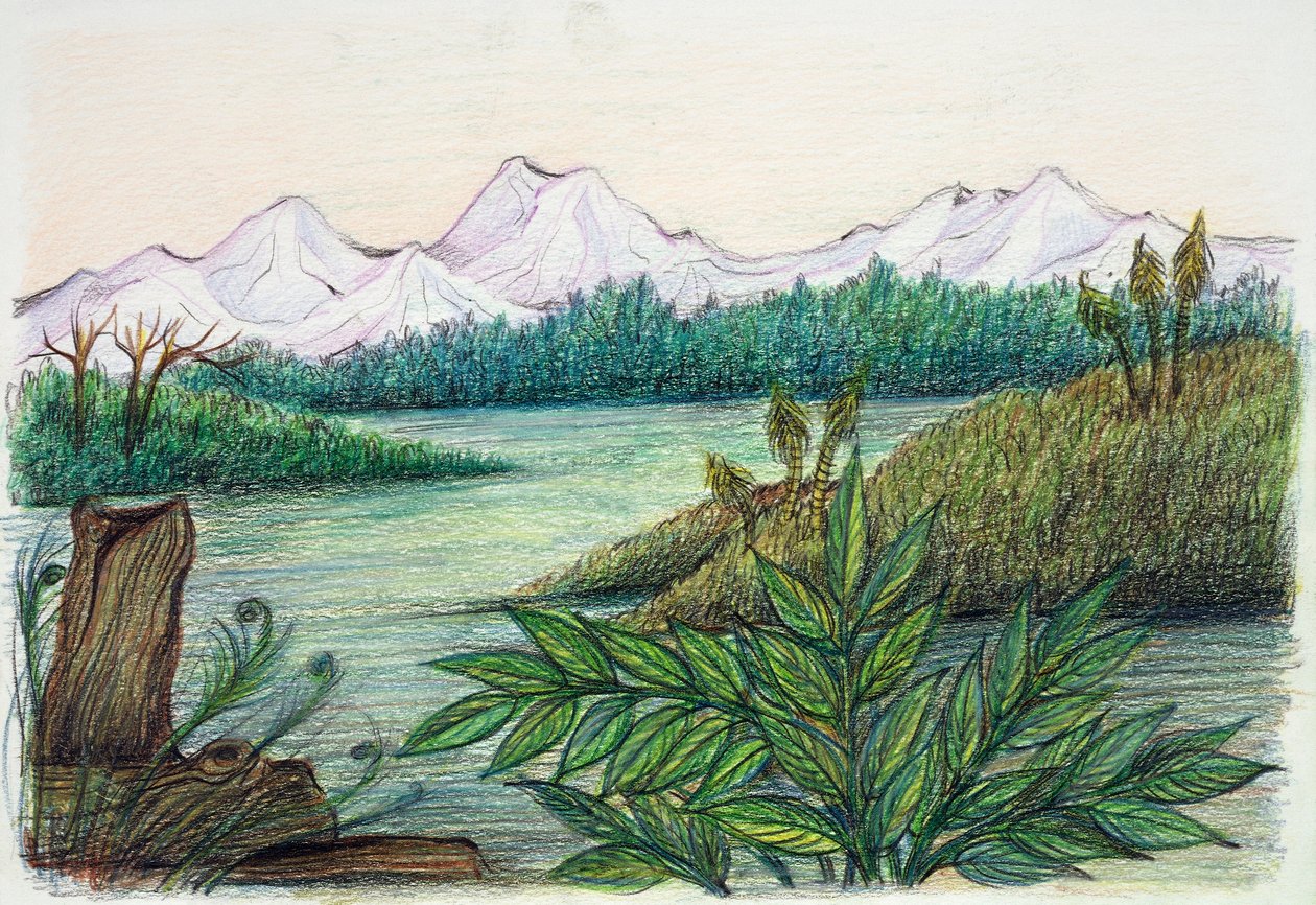 Prehistoryczne - rekonstrukcja środowiska naturalnego (litografia kolorowa) autorstwa School Italian