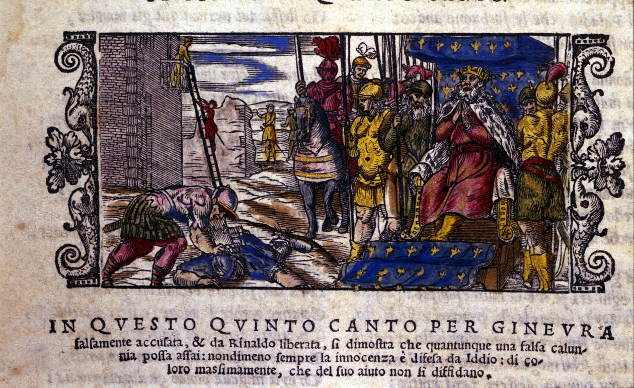 Księżniczka Ginevra jest niewinna, a walka oszczercy z nieznanym rycerzem, który przybył bronić Ginevry, zostaje przerwana. scena z poematu rycerskiego „Orlando Furioso” (Wściekły Roland) Ludovica Ariosto (1474 - 1533) zwanego L