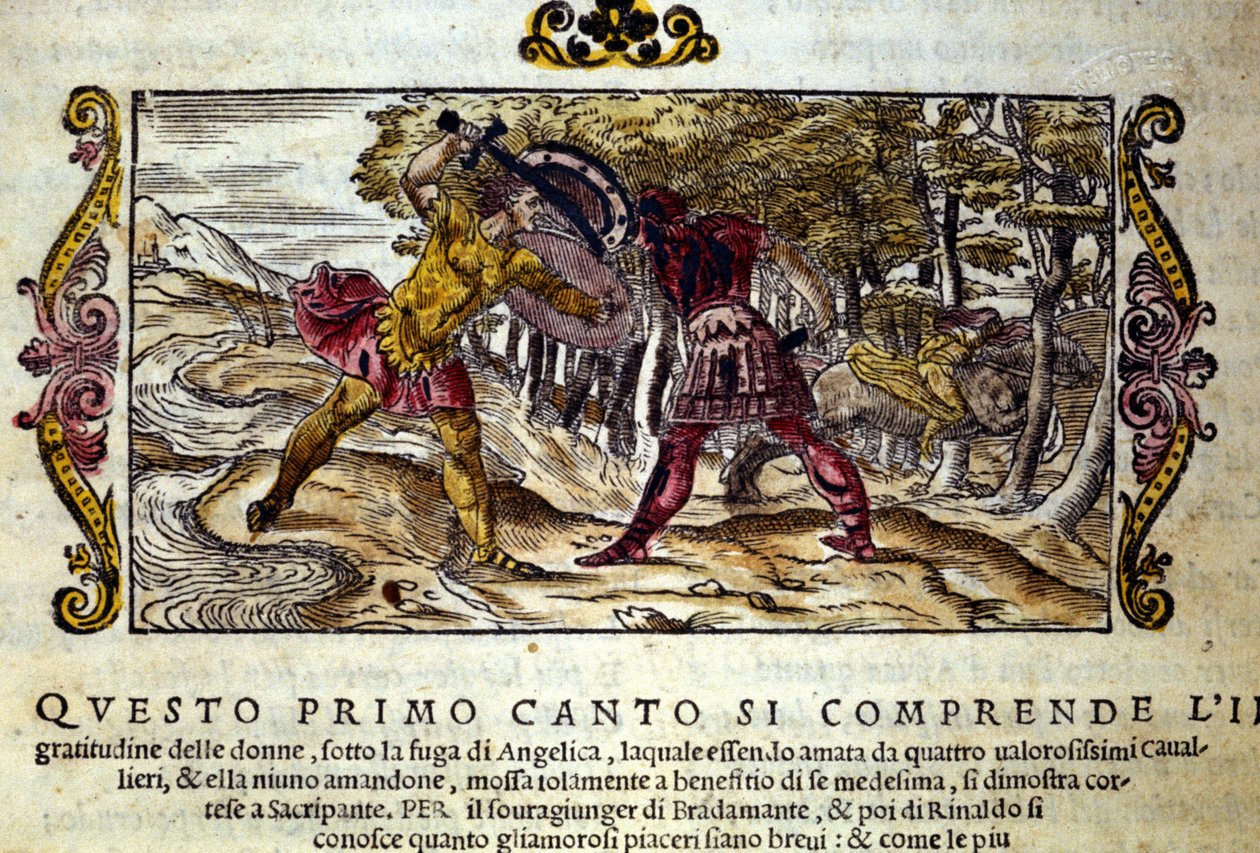 Przedstawienie walki Ferragusa, gryki i Renauda (Rinaldo), zakochanych w pięknej Angelice (Angelica), scena zaczerpnięta z poematu rycerskiego Ludovica Ariosto „Orlando Furioso” (Wściekły Rolanda) (1474-1533) o nazwie L