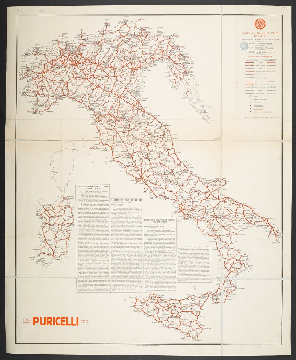 Mapa drogowa Włoch, „Schematyczna mapa informacji drogowych zima 1932-33” autorstwa School Italian