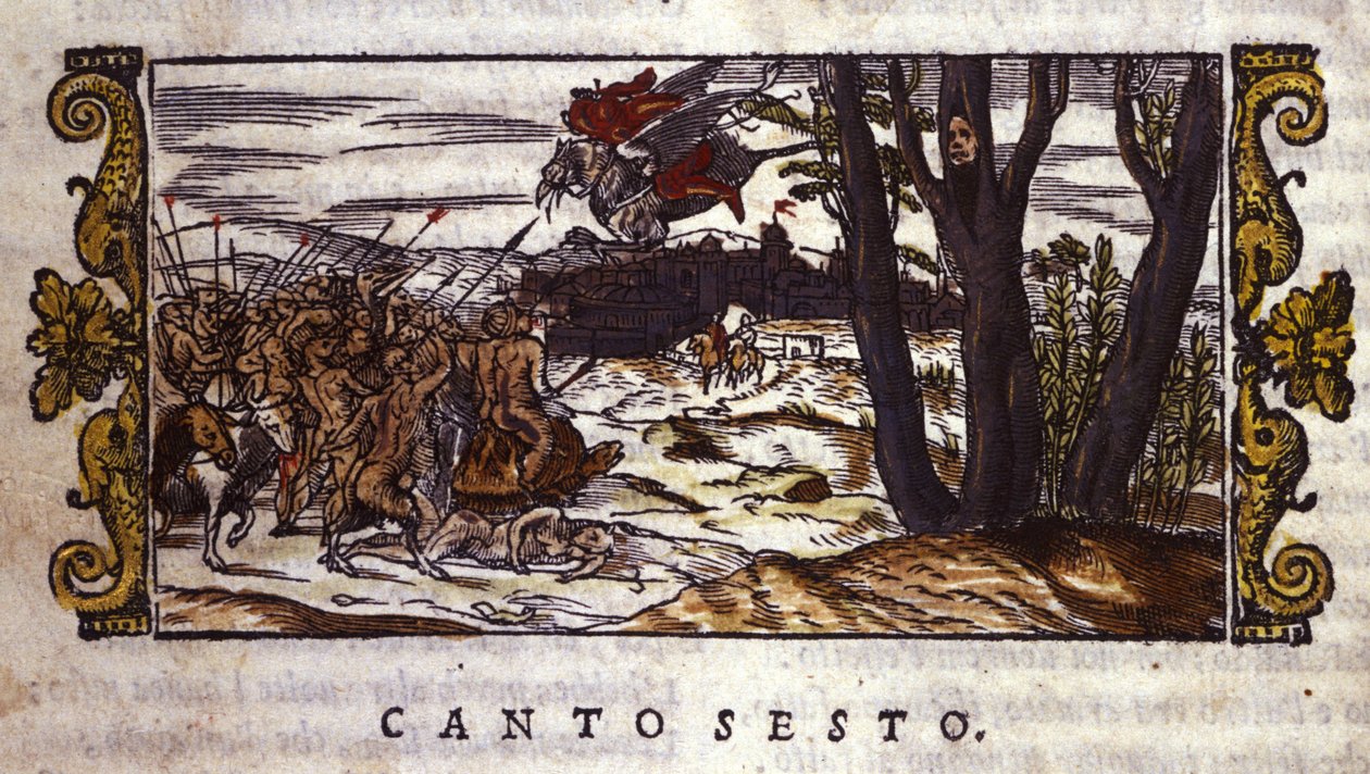 Ruggiero zostaje zaniesiony przez hipogryfa na wyspę Alcina, gdzie zostaje zaatakowany przez armię potworów, scena z „Orlando Furioso” Ludovico Ariosto (1474-1533) autorstwa School Italian