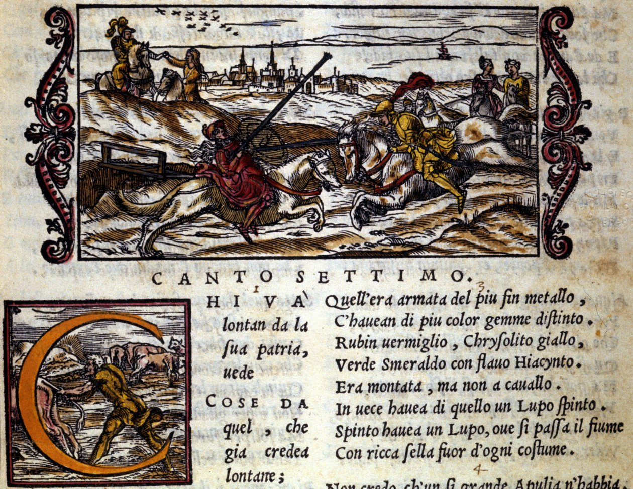 Olbrzymia Eryfila na wilku walczy z Rogerem (Ruggero, Ruggiero) - Scena z rycerskiego poematu Ludovico Ariosto (1474 - 1533) „Orlando Furioso” (Wściekły Rolanda) zwanego L
