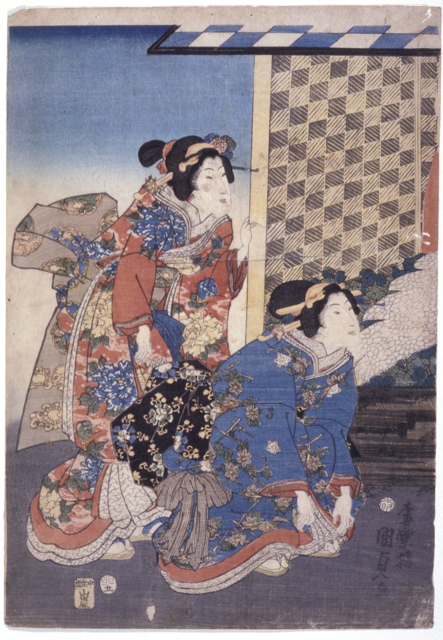 2 kobiety (jedna klęcząca) (drzeworyt kolorowy) autorstwa School Japanese