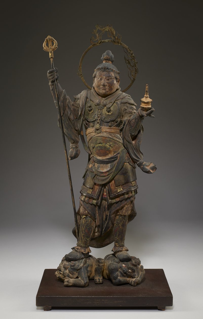Bishamonten (Vaisravana, Strażnik Północy) (polichromowane drewno z kryształem, złotym liściem i metalem) autorstwa Japanese School