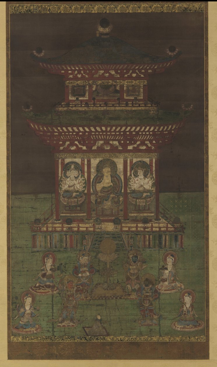 Horokaku Mandara: Budda i towarzyszące mu bóstwa, okres Heian (kolor i złoto na jedwabnym panelu) autorstwa Japanese School