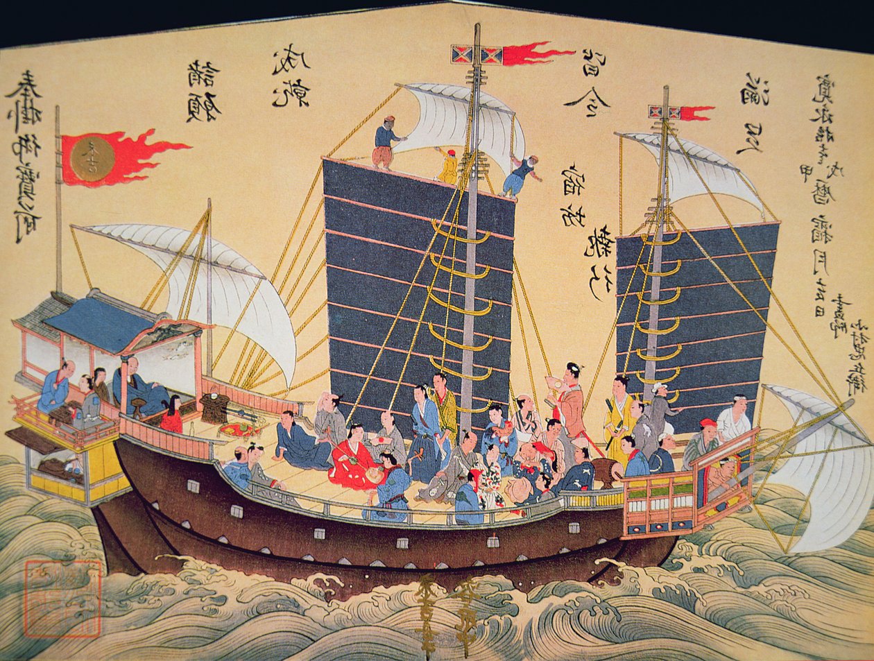 Japoński statek handlowy z XVIII wieku (drewnodruk) autorstwa School Japanese