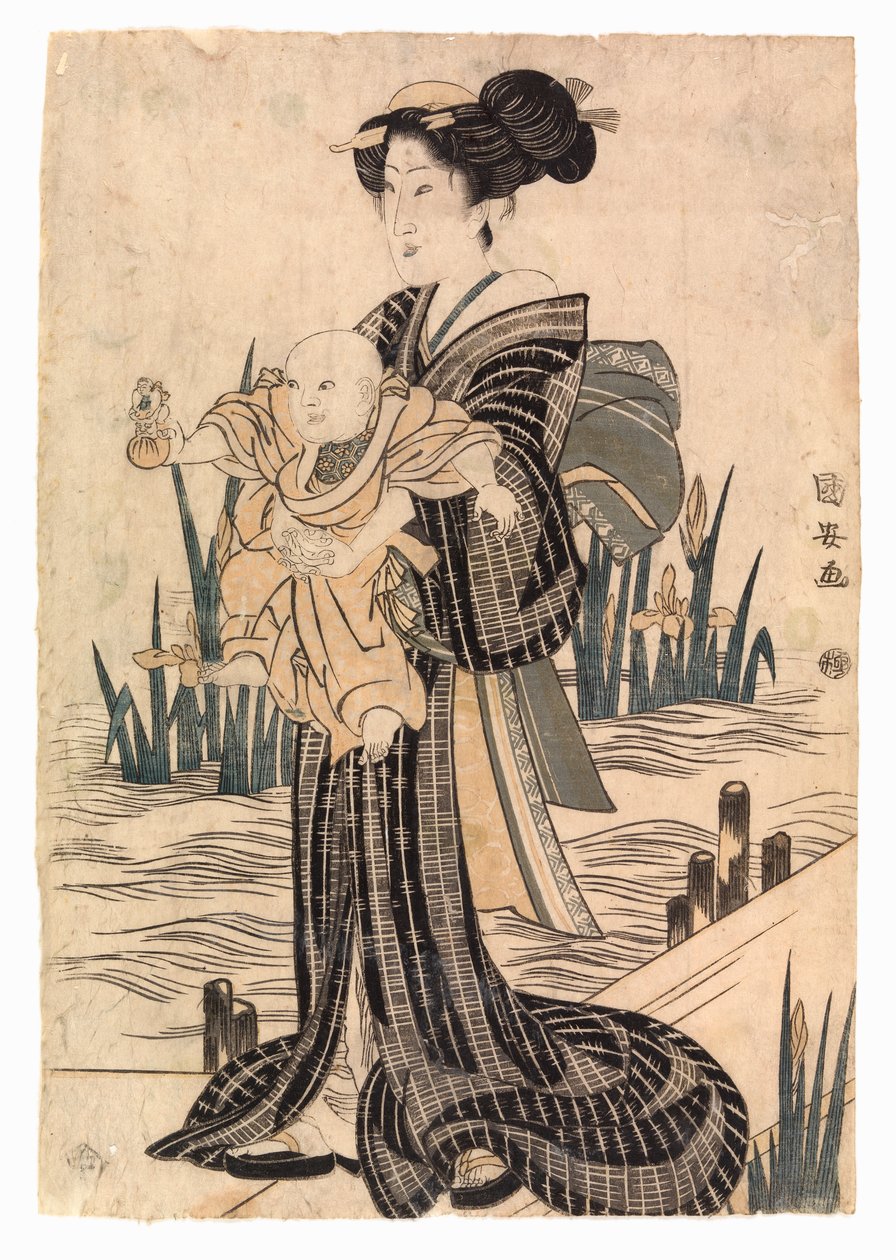 Japonka trzymająca dziecko (kolorowy drzeworyt) autorstwa School Japanese