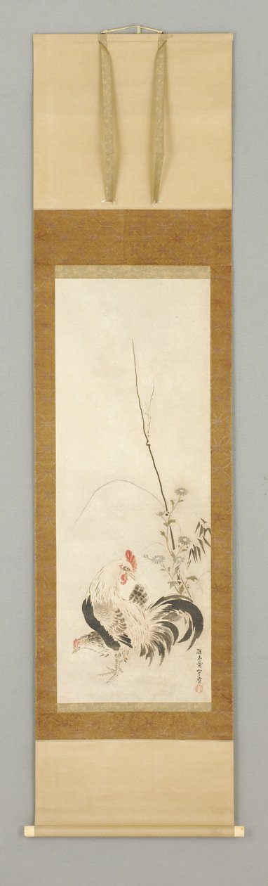 Kakemono, kogut i kura z kwiatami autorstwa Japanese School