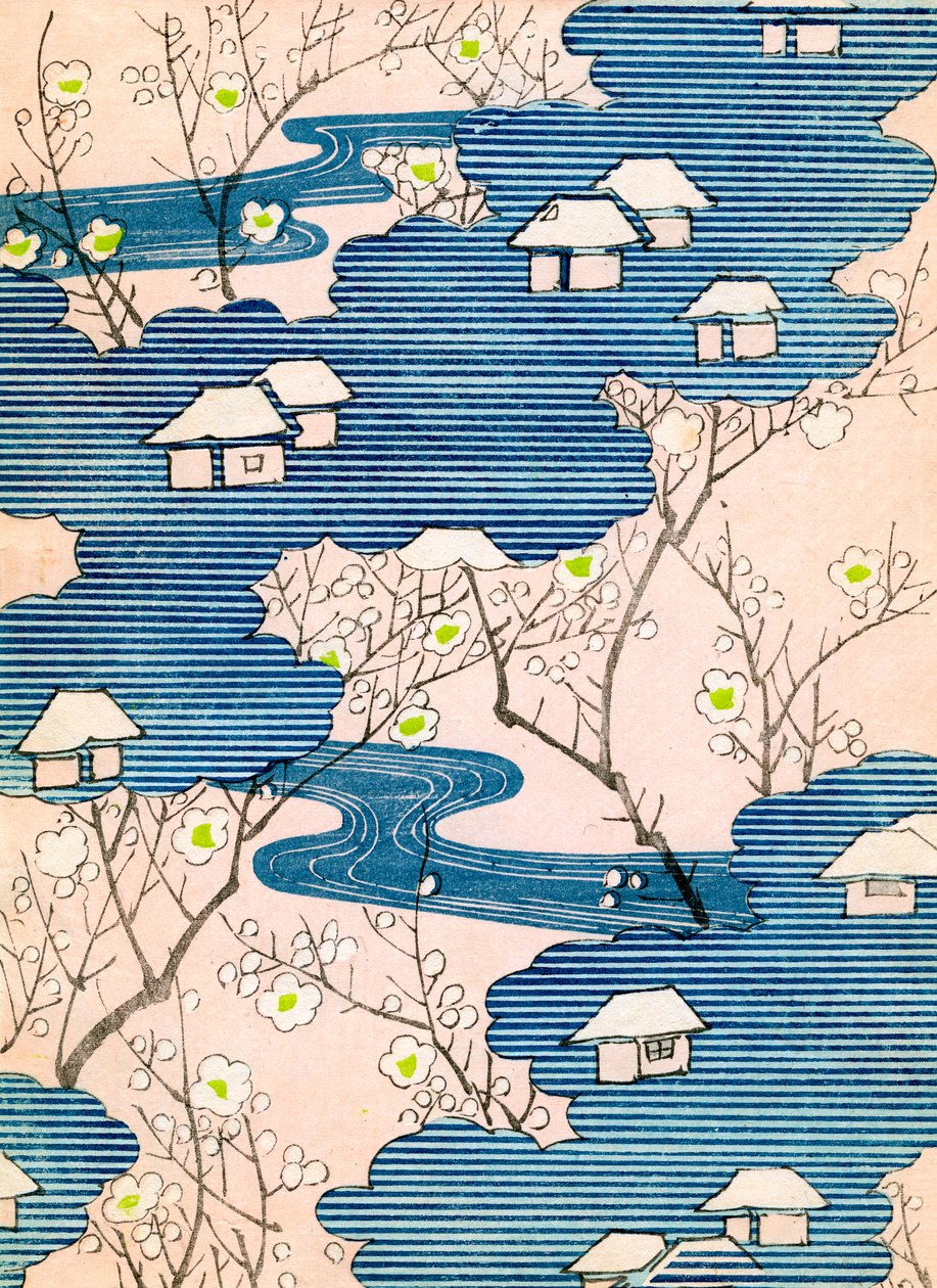 Wzór kimona: Domki z rzekami i kwiatami wiśni, ok. 1900 r. (kolorowy drzeworyt) autorstwa School Japanese