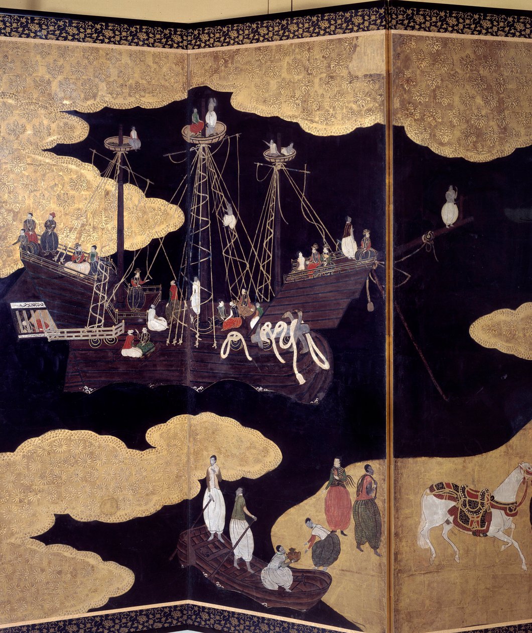 Ekran „portugalski”: przedstawienie przybycia portugalskich misjonarzy jezuickich do Japonii w XVI wieku. Szczegół. Zrealizowany przez Szkołę Kano (?). 1593-1600. Lizbońskie Muzeum Sztuki Starożytnej autorstwa Japanese School