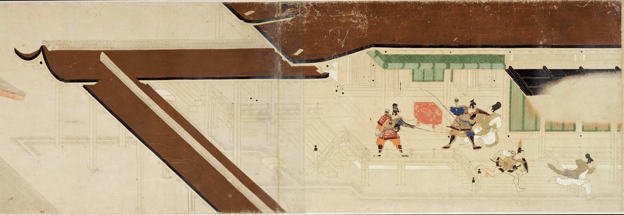 Ilustrowana historia buntu Heiji (1159-1160) (Visite imperiale a Rokuhara) (Ilustrated Tale of The Civil War, The Imperial Visit to Rokuhara) - Praca anonimowa, akwarela i tusz na papierze, pierwsza rolka autorstwa School Japanese