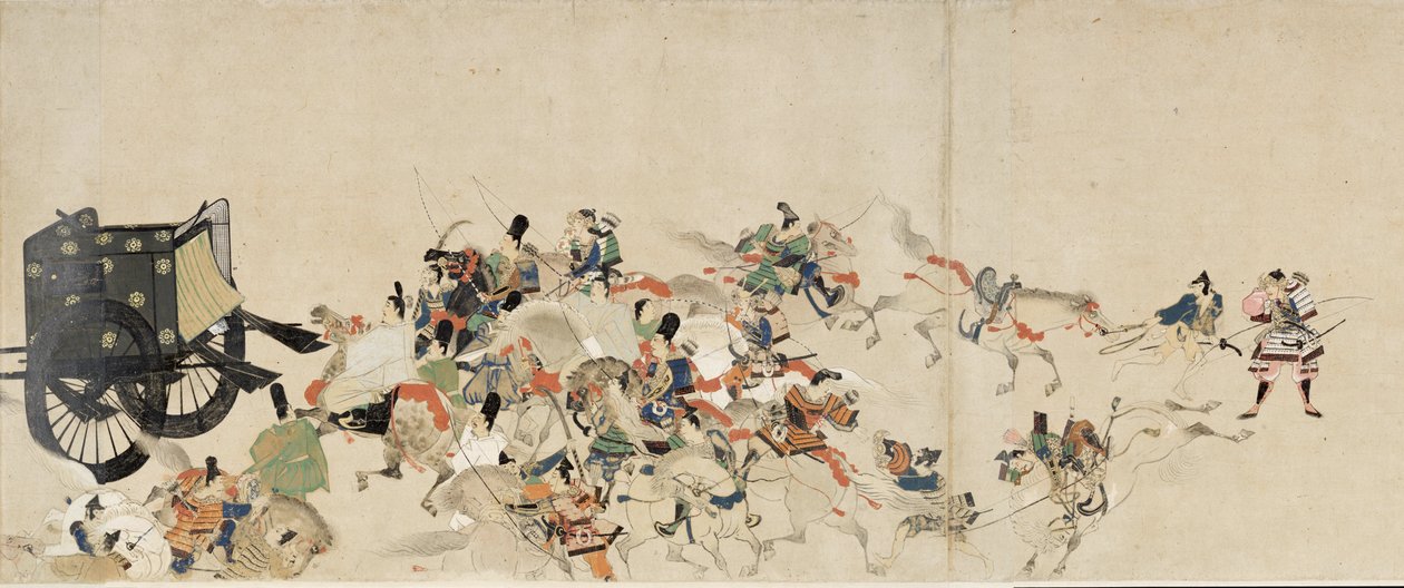 Illustrated Tale of the Civil War, The Imperial Visit to Rokuhara (Illustrated Tale of The Civil War, The Imperial Visit to Rokuhara) – praca anonimowa, akwarela i tusz na papierze, trzecia rolka autorstwa School Japanese