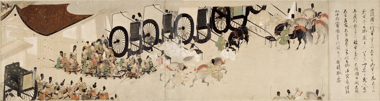 Ilustrowana historia buntu Heiji (1159-1160) (Visite imperiale a Rokuhara) (Ilustrated Tale of The Civil War, The Imperial Visit to Rokuhara) - Praca anonimowa, akwarela i tusz na papierze, szósty zwój autorstwa School Japanese