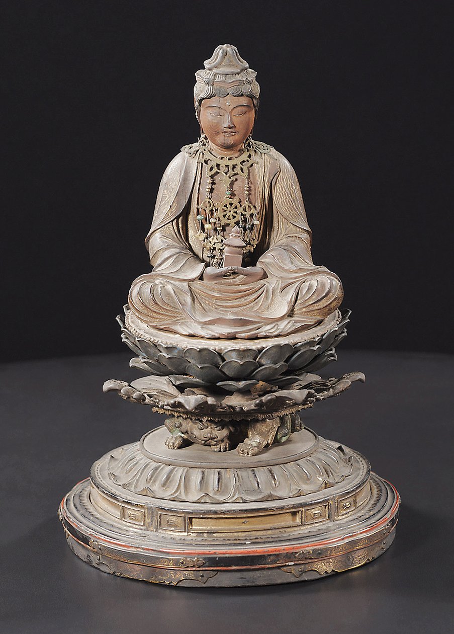 Siedzący Miroku Bosatsu, okres Kamakura (drewno, metal, złoto płatkowe, pigment i kryształ górski) autorstwa Japanese School