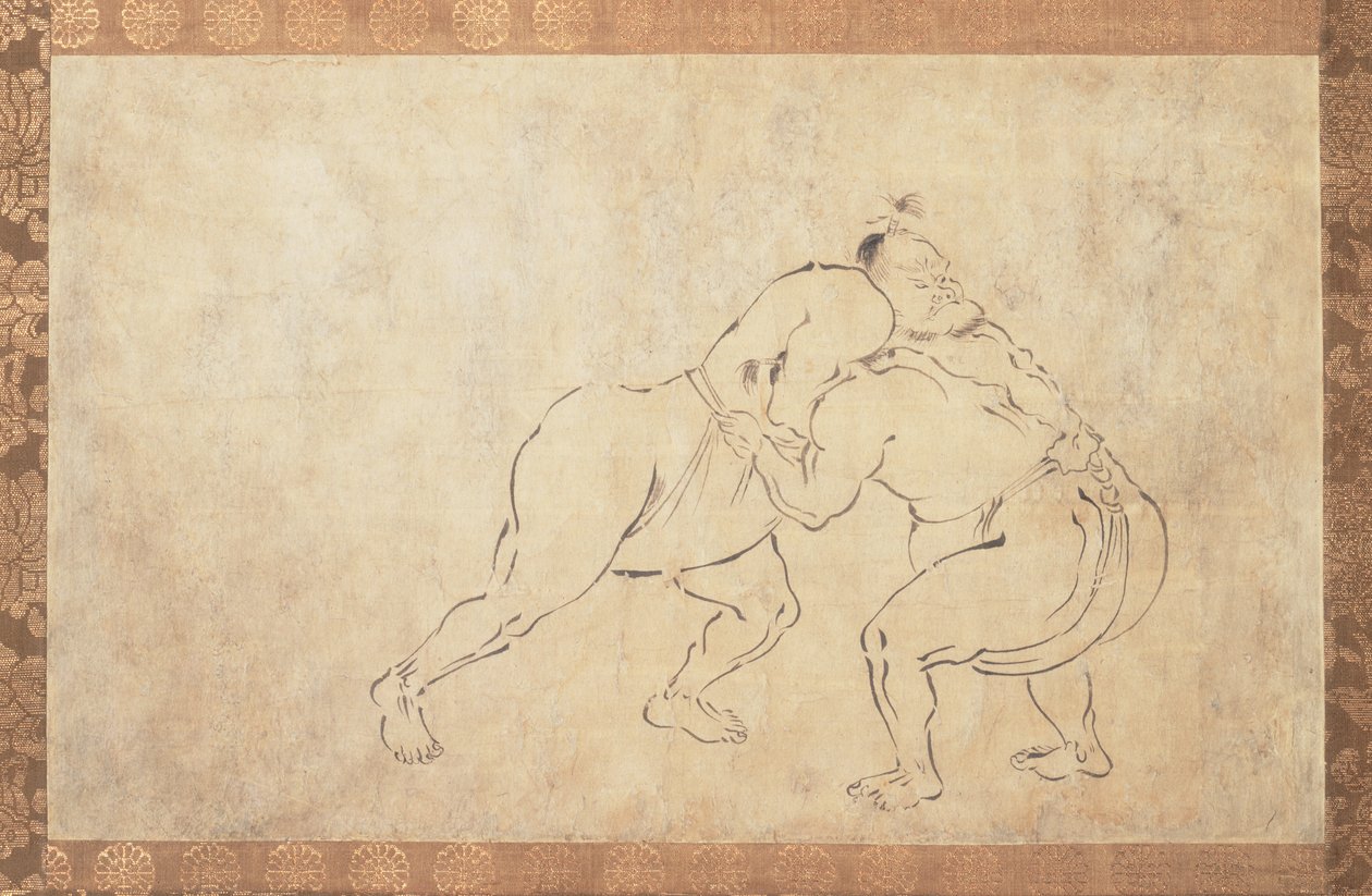Zapaśnicy sumo (tusz sumi na papierze) autorstwa School Japanese